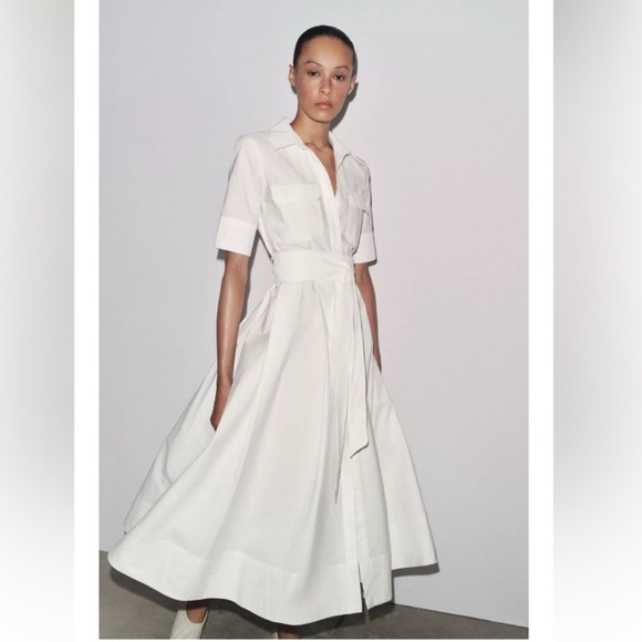 Zara Dresses & Skirts - Zara white poplin midi dress with belt. Medium, NWT